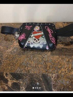 Ed Hardy Black Mini Skull Tattoo Graphic Belt Bag with Pink Accents